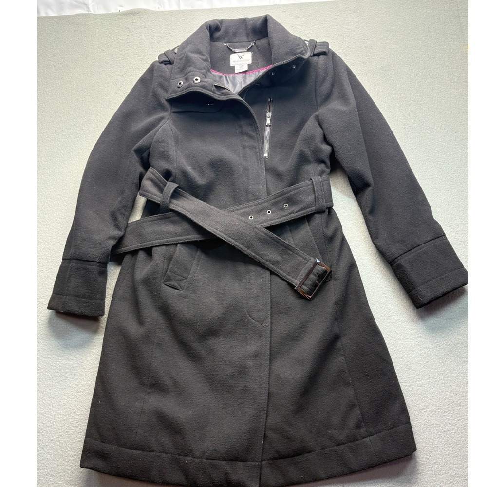 Worthington Black Belted Trench Coat Jacket Petite Large Zip Front Lined 715292